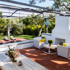 Contemporary Outdoor Seating with Bright White Fireplace