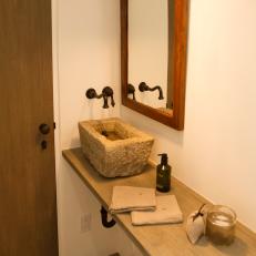 White Contemporary Powder Room with Stone Vessel Sink