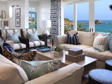 Blue and White Coastal Living Room With Ocean View