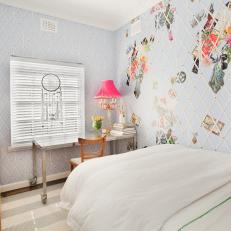 Bedroom With Criss-Cross Ribbons on the Walls for Holding Photos 