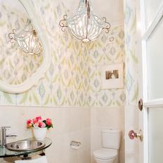 Powder Room With Blue, Green and Cream Wallpaper & Crystal Chandelier