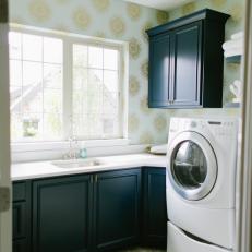 Transitional Laundry Room With Sunburst Wallpaper