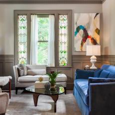Transitional Family Room With Stained Glass Windows