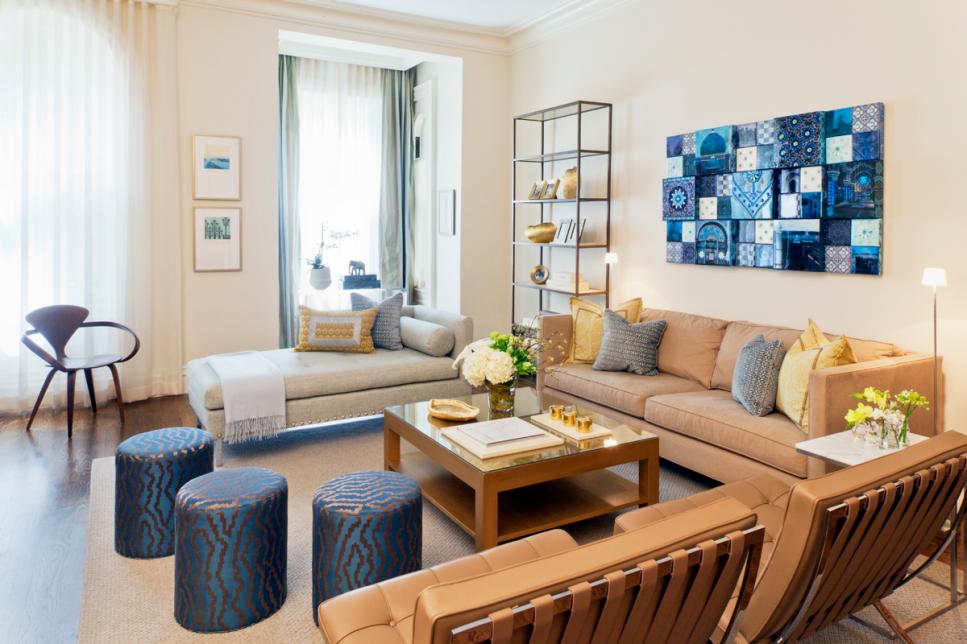 Contemporary Living Room With Tan Furniture, Blue Artwork