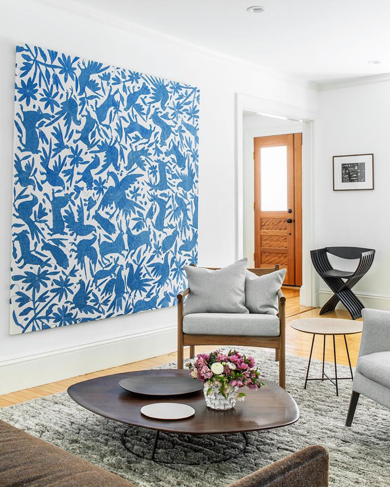 Eclectic Living Room With Blue-and-White Artwork