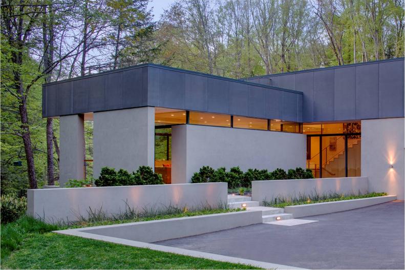 Gray Modern Home With Minimalist Landscaping, Planters