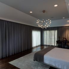 Gray Contemporary Master Bedroom With Curtains
