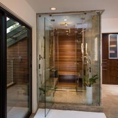 Glass and Wood Walk-In Shower With Vases