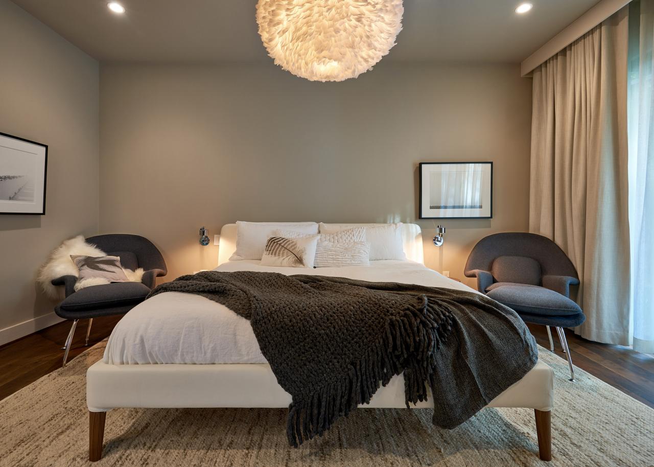 Gray Contemporary Bedroom With Armchairs | HGTV