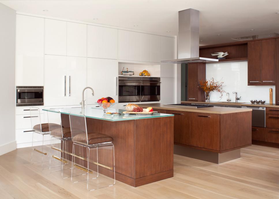 White and Brown Modern Kitchen With Lucite Barstools | HGTV