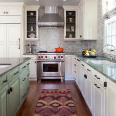 White Transitional Kitchen With Red Rug