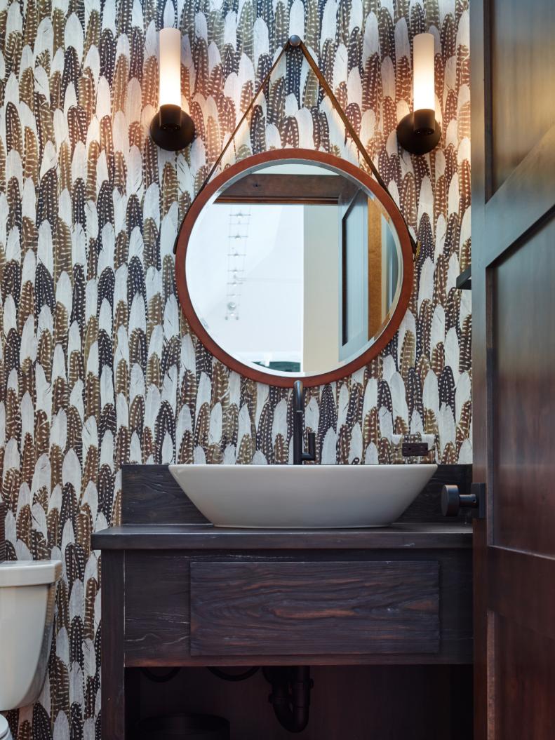 Brown Wood Vanity With White Vessel Sink in Patterned Bathroom