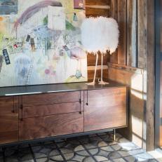 Rustic Wood Foyer With Abstract Art