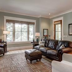 Gray Green Transitional Living Room With Leather Sofa