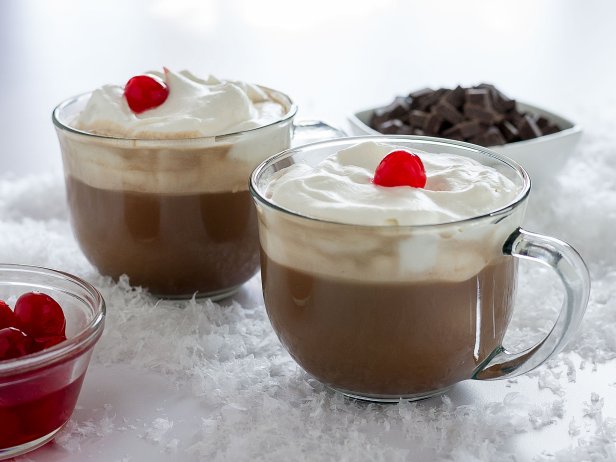 Pair of Glass Mugs Full of Chocolate-Covered Cherry Cocktail