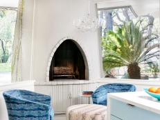 White Contemporary Southwestern Living Room With Fireplace