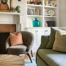 Transitional Living Room Boasts Personalized Bookshelves