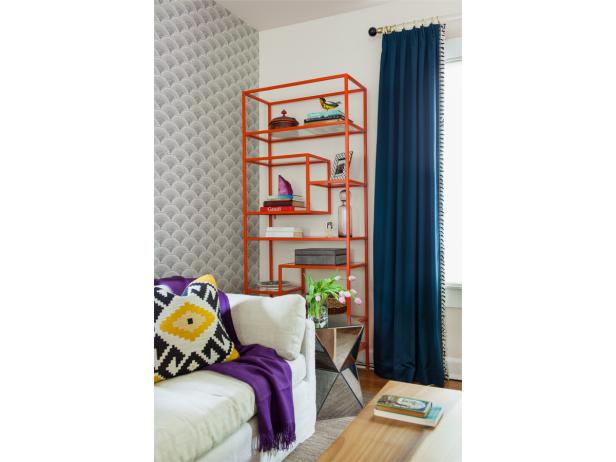 Contemporary Orange Bookshelf in Eclectic Living Room