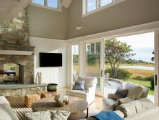 Neutral Coastal Living Room With Sliding Doors