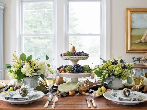 Tall Centerpiece at Center of Symmetrical Fall Tablescape