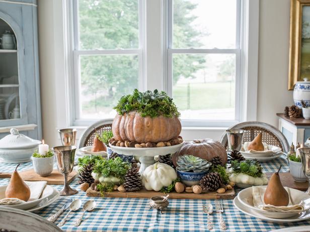 Succulent-Covered Pumpkin Thanksgiving Centerpiece on Table