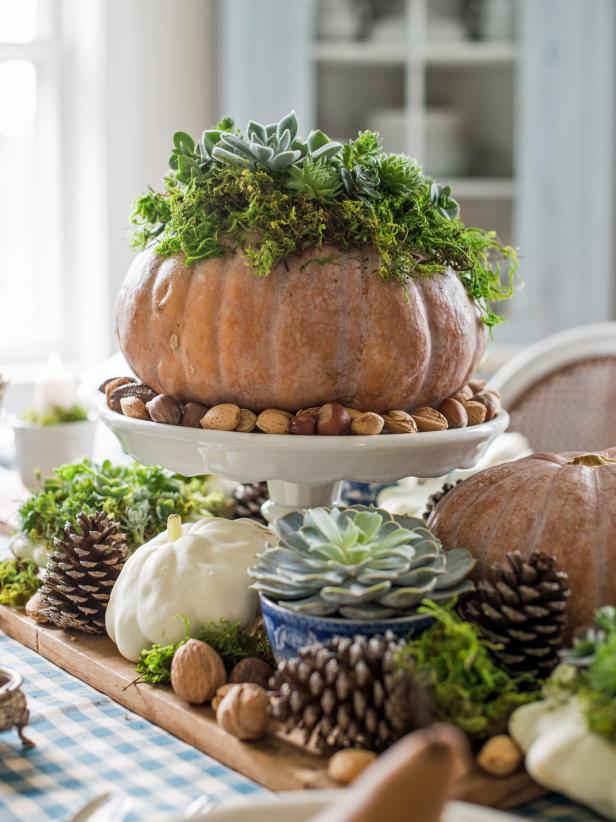Tablescape With Succulent-Covered Pumpkin Thanksgiving Centerpiece
