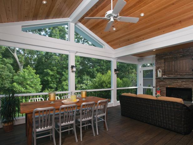 Vaulted Rustic Screened Porch With Ceiling Fan Hgtv