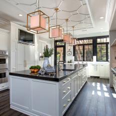White Transitional Chef's Kitchen With Patterned Ceiling
