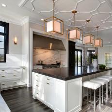 Transitional White Chef Kitchen With Cube Pendants