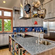Contemporary Gray Kitchen with Bold Blue Backsplash 