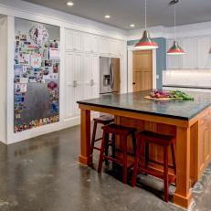 Contemporary Kitchen With Large Wood Center Island & Magnetic Accent Wall