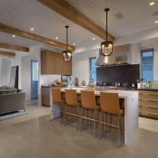 Exposed Wood Beams Above Contemporary Open Plan Kitchen