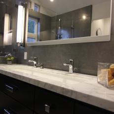 Contemporary Master Bathroom With Gray Tile Walls