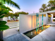 Mid-Century Modern Garden, Water Feature and Entryway