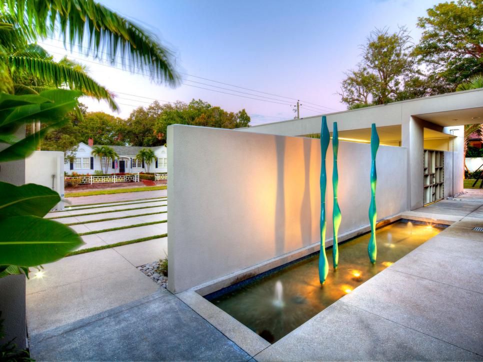 Midcentury Modern Garden, Water Feature and Entryway