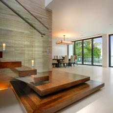 Modern Staircase With Floating Wood Steps & Glass Railing