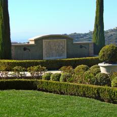 Hedges & Shrubbery Surround Fountain & Walkway