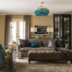 Family Room With Comfy Linen Sofa and Aqua Accents