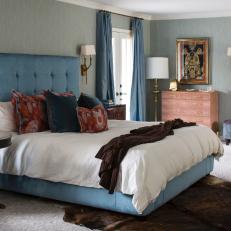 Transitional Blue Bedroom Is Luxurious, Dignified