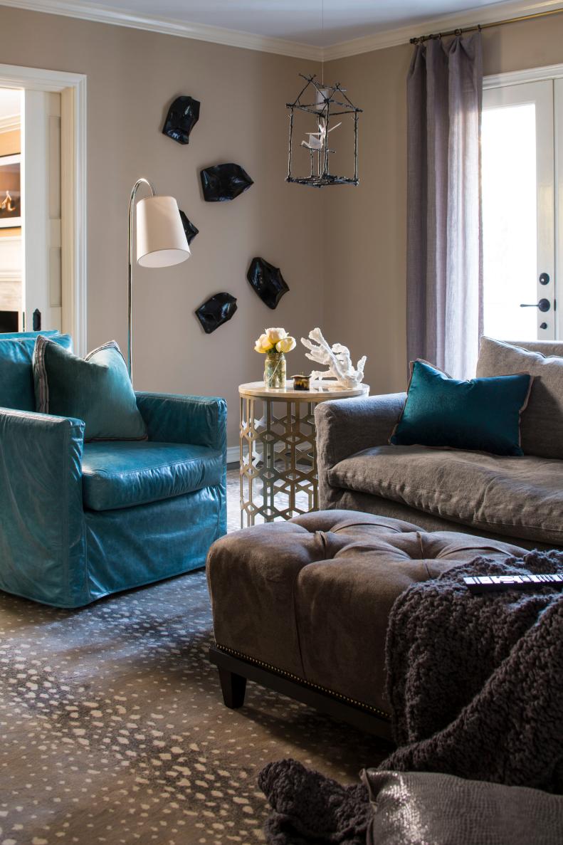 Transitional Neutral Family Room With Blue Leather Armchair