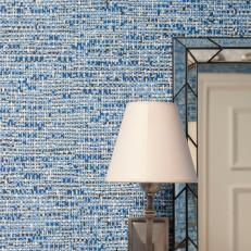 Patterned Blue Wallpaper Creates Texture in Bathroom