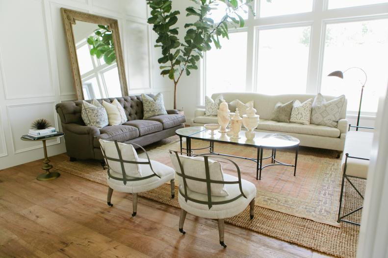 White Transitional Living Room With Hardwood Floor & Neutral Furniture