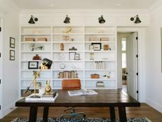 White Transitional Home Office With Built-In White Bookshelves