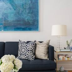 Rich Blue Hues Create Depth in Fresh White Living Room