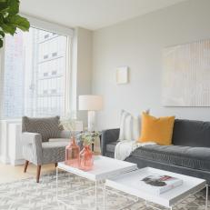 Bright, Airy Living Room With Sleek Gray Velvet Sofa