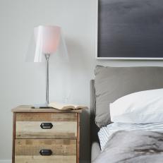 Cool Gray Bedroom Boasts Reclaimed Wood Nightstand
