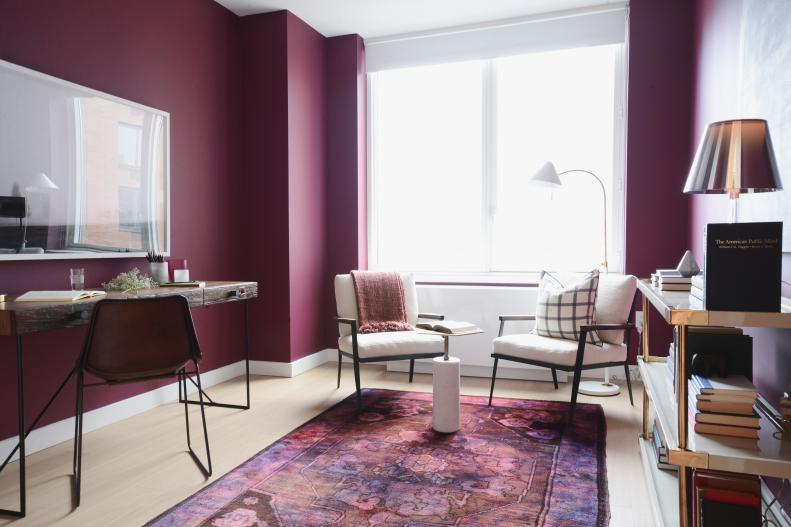 Contemporary Purple Office With Purple Rug and Wood & Metal Desk