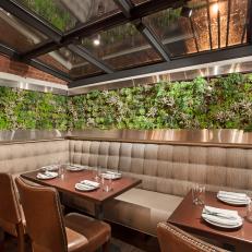 Restaurant Dining Room with Skylights, Built-in Benches and a Wall with Succulent Plants