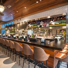 Classy Contemporary Wahlburgers Bar with White Backsplash 
