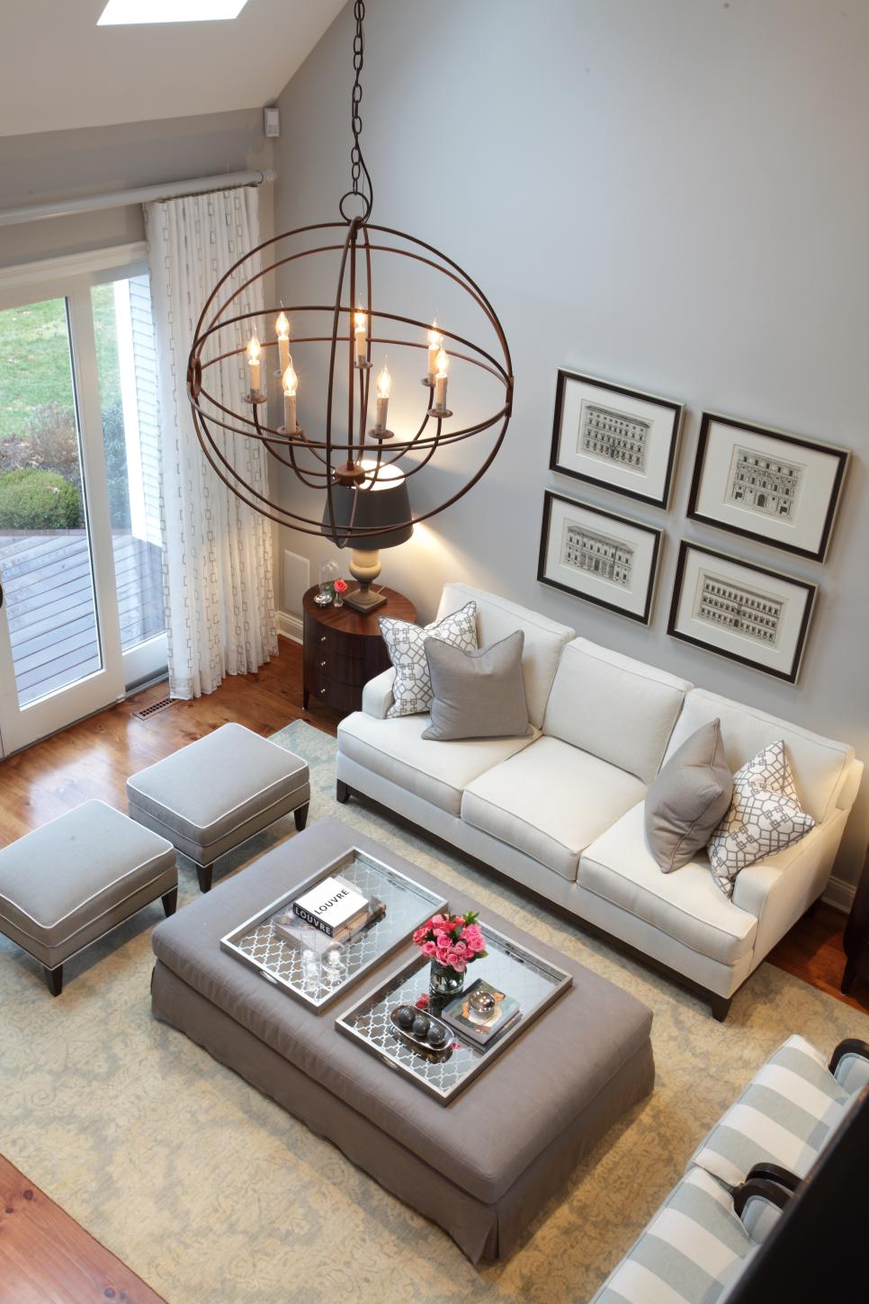 Overhead View of Chic, Gray Living Room With Orb Chandelier | HGTV